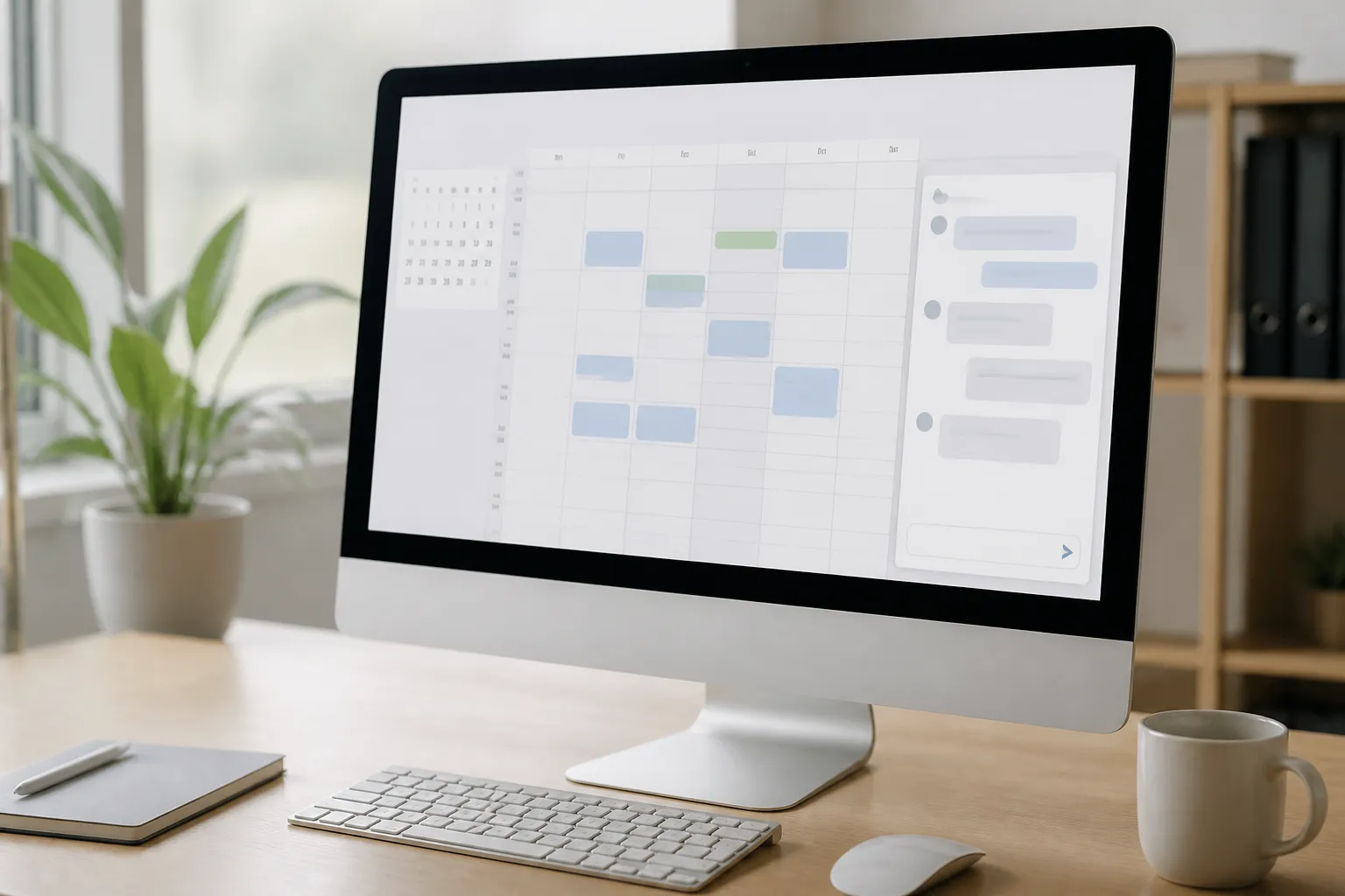 Écran affichant un calendrier de prise de rendez-vous avec un encart de chatbot ouvert