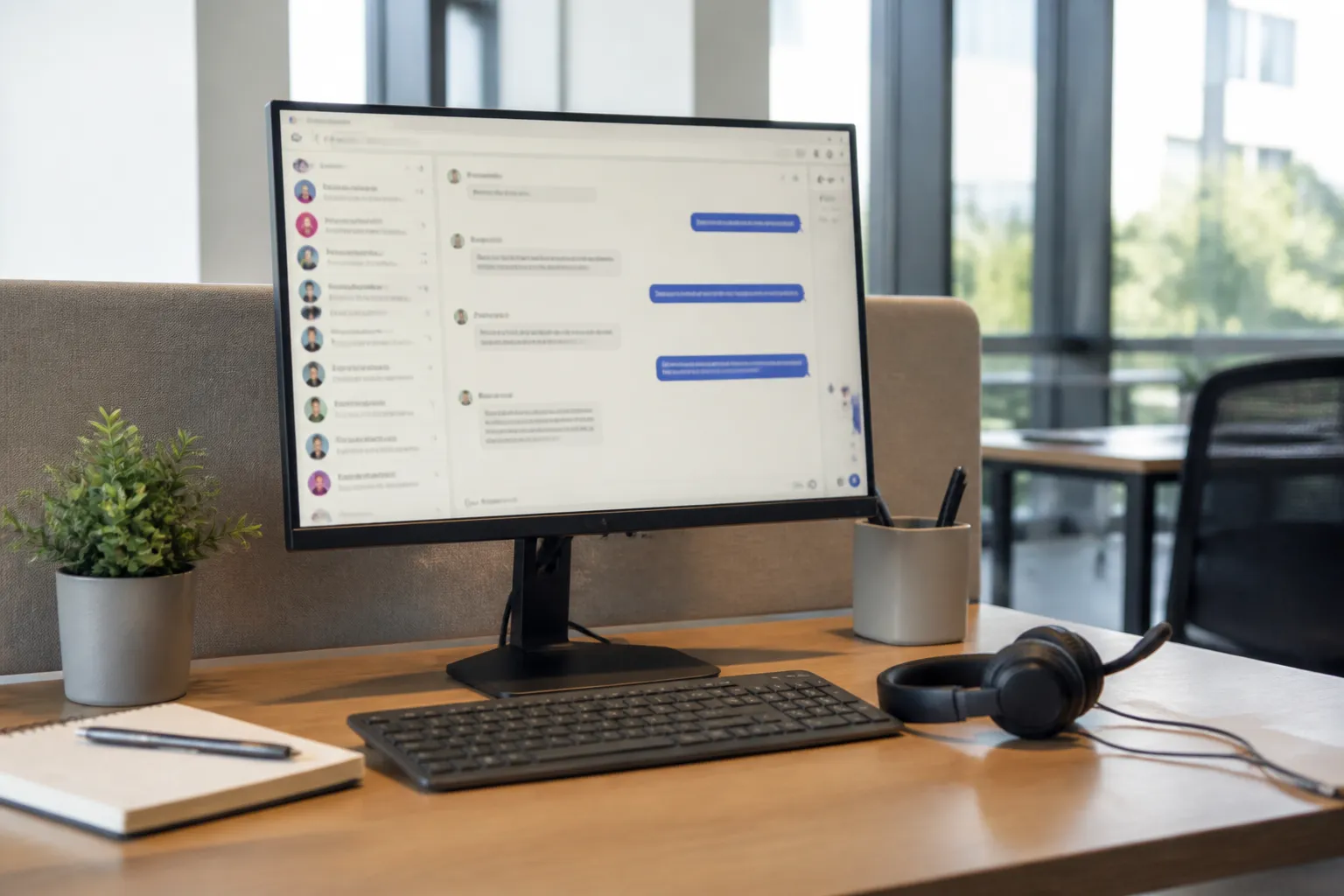 Poste de travail de service client avec écran affichant une file de conversations de chatbot