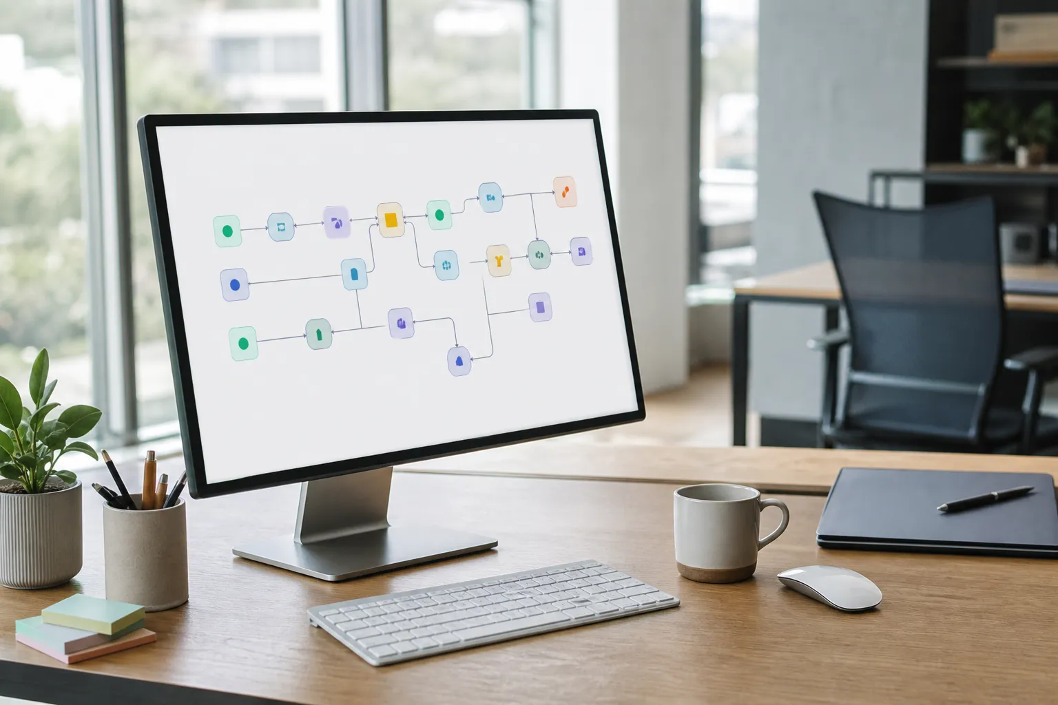 Écran affichant un diagramme de flux d’automatisation aux nœuds colorés reliés par des lignes