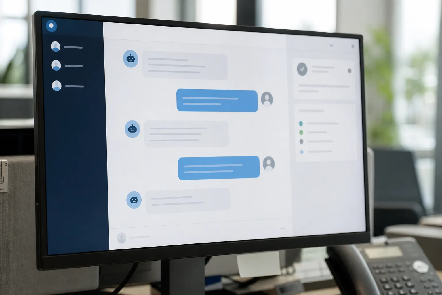Écran affichant une interface de chatbot professionnel en conversation avec un client, bureau de service client