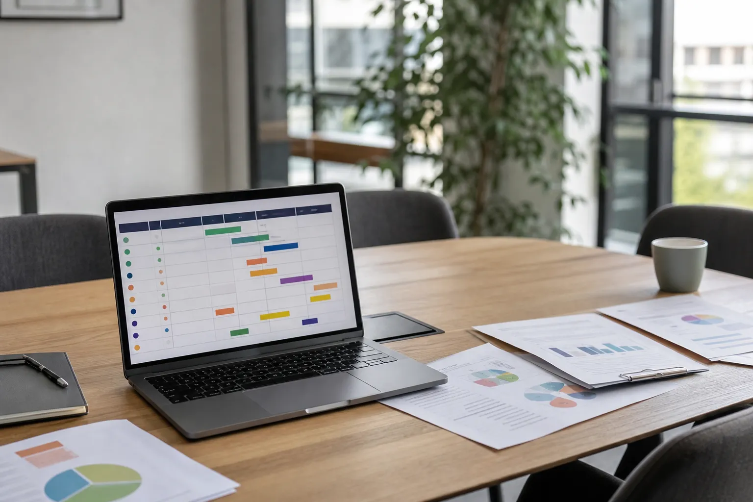 Table de réunion avec un ordinateur portable affichant un tableau de priorisation de cas d’usage