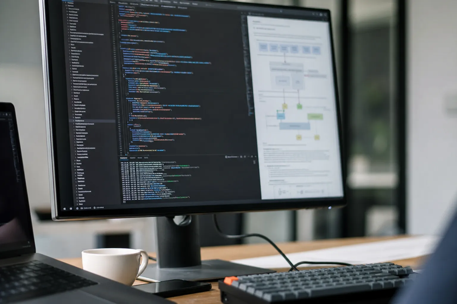 Écran affichant du code structuré et une documentation technique, poste de travail de développeur